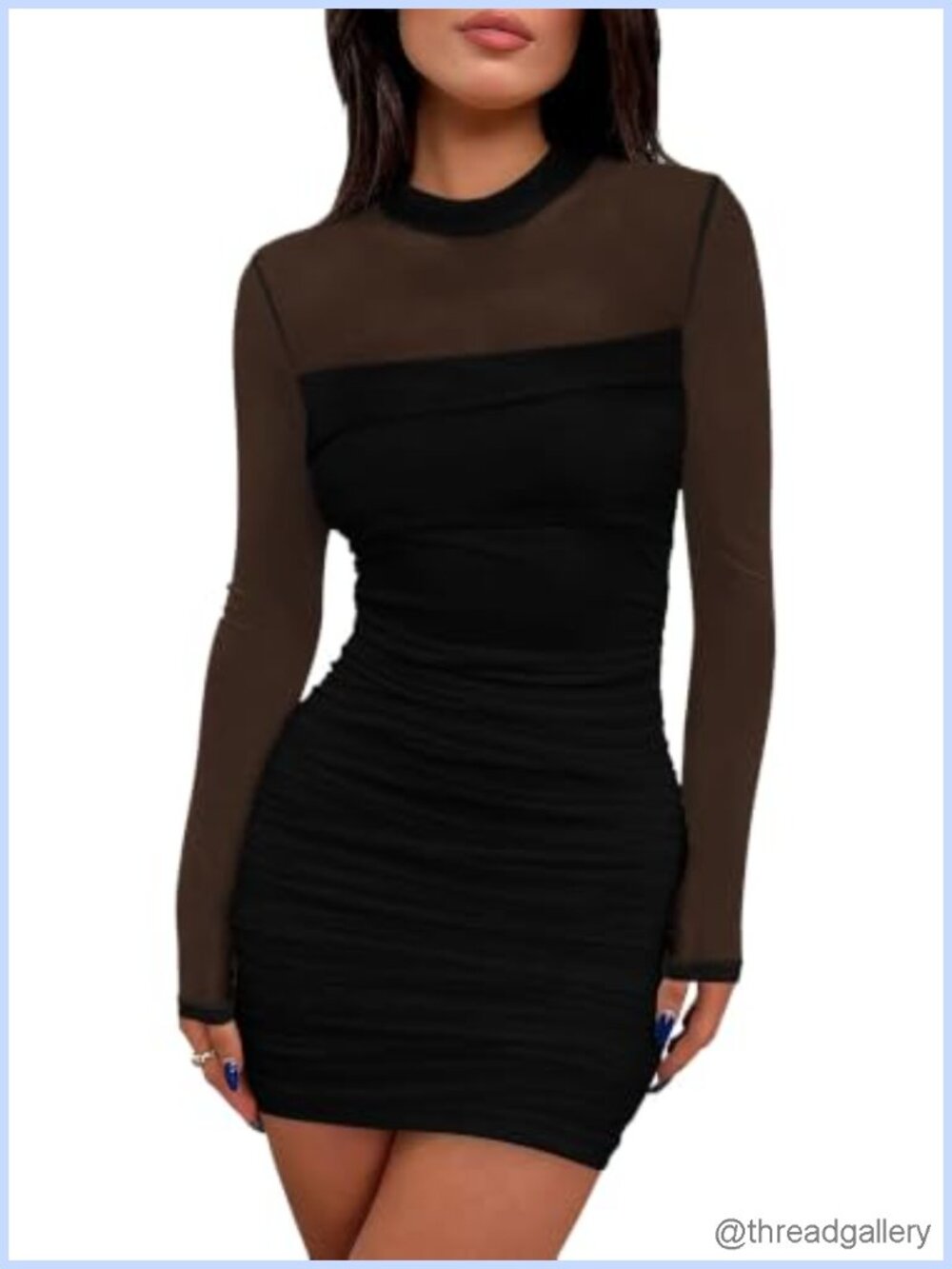 Womens Mesh Sheer Long Sleeve Ruched Bodycon Mini Dress Mock Neck Party